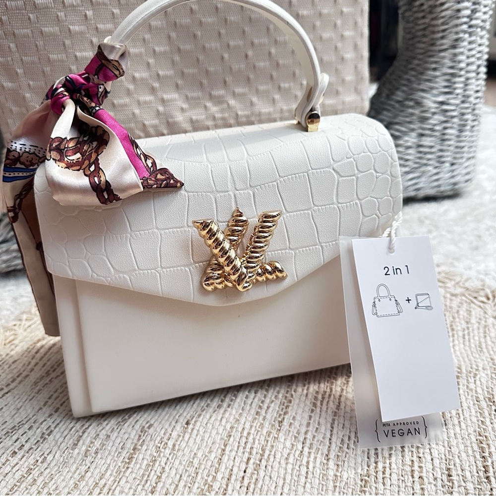 Elegant White Vegan Leather Handbag with Gold Accent